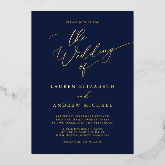 Navy Blue Gold Foil Monogram Minimalist Wedding Invitation (Front)
