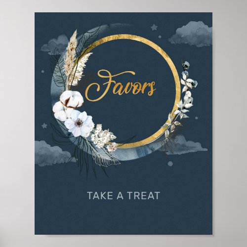 Navy blue gold foil moon pampas boho floral favors poster