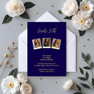 Navy Blue & Gold Foil Photo 30th Birthday Invitation