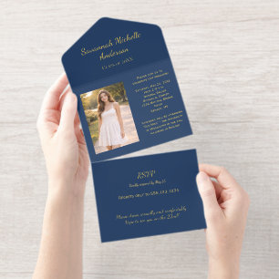 Navy Blue Gold Foil Photo Graduation All In One Invitation