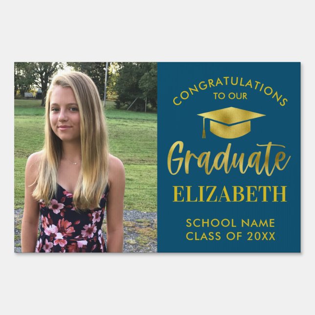 Navy Blue Gold Foil Photo Graduation Lawn Sign  (Front)