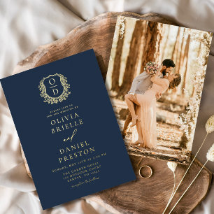 Navy Blue Gold Foil Photo Monogram Wedding Invitation