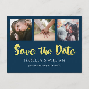 Navy Blue Gold Foil Photo Save the Date Announcement Postcard