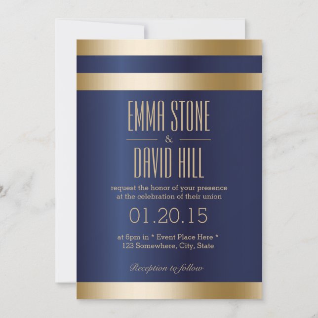 Navy Blue Gold Foil Stripes Wedding Invitation (Front)