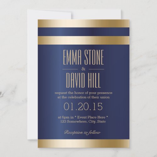 Royal Blue Gold Foil Stripes Wedding Invitations