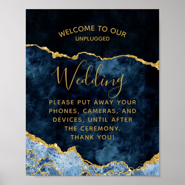 Navy Blue Gold Foil Unplugged Wedding Table Sign (Front)