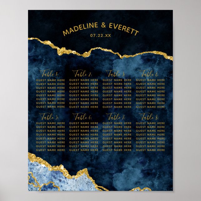 Navy Blue Gold Foil Wedding Table Seating Chart (Front)