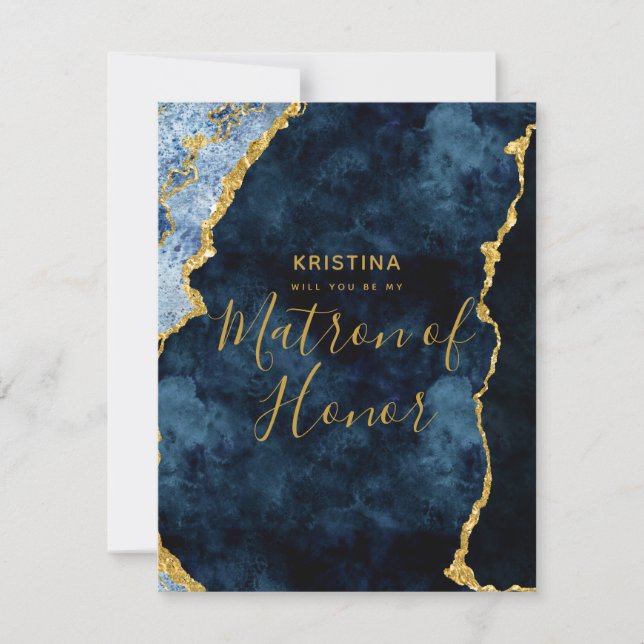 Navy Blue Gold Foil Will You Be My Matron of Honor Invitation (Front)
