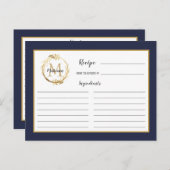 Navy Blue Gold Foliage Monogram Recipe Card (Front/Back)