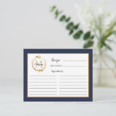 Navy Blue Gold Foliage Monogram Recipe Card (Standing Front)
