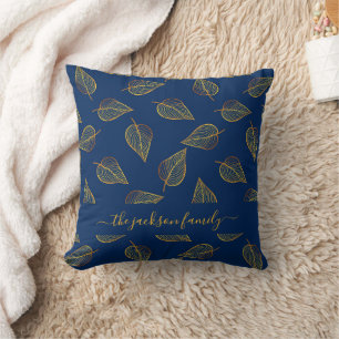 Navy blue gold foliage pattern family monogram throw pillow