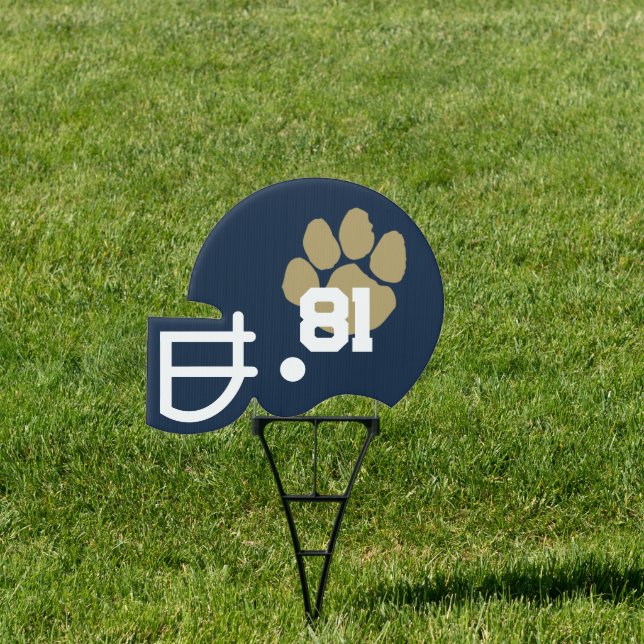 Navy Blue & Gold Football Number Helmet Yard Cheer Sign (Insitu)