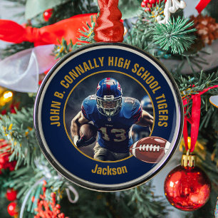 Navy Blue Gold Football Player Photo Christmas Metal Ornament