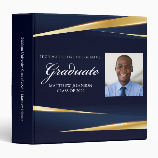 Navy Blue Gold Formal Graduation Photo Album 3 Ring Binder (Front/Spine)