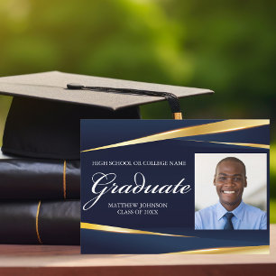Navy Blue Gold Formal Photo Geometric Graduation Announcement