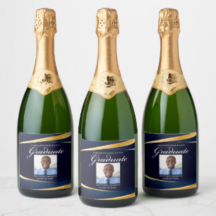 Navy Blue Gold Formal Photo Graduation Party Sparkling Wine Label