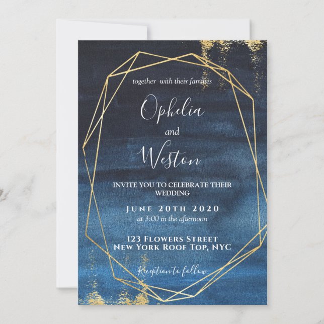Navy Blue Gold Frame Elegant Luxury Wedding Invitation (Front)