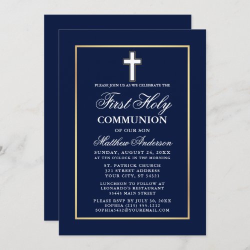 Navy Blue Gold Frame First Holy Communion Invitation