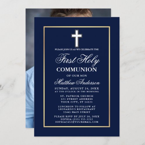 Navy Blue Gold Frame First Holy Communion Photo Invitation