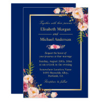 Navy Blue Gold Frame Pink Floral Wedding Card