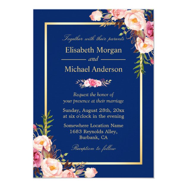 Navy Blue Gold Frame Pink Floral Wedding Invitation