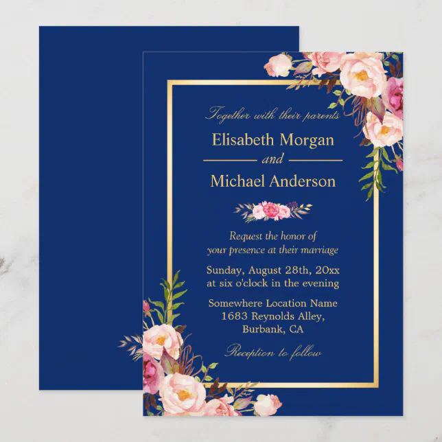 Navy Blue Gold Frame Pink Floral Wedding Invitation | Zazzle