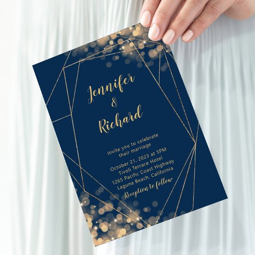 Navy Blue  Gold Frame with Bokeh Lights Invitation