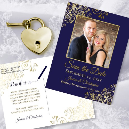 Navy Blue Gold Frills Photo Save the Date Wedding Announcement Postcard