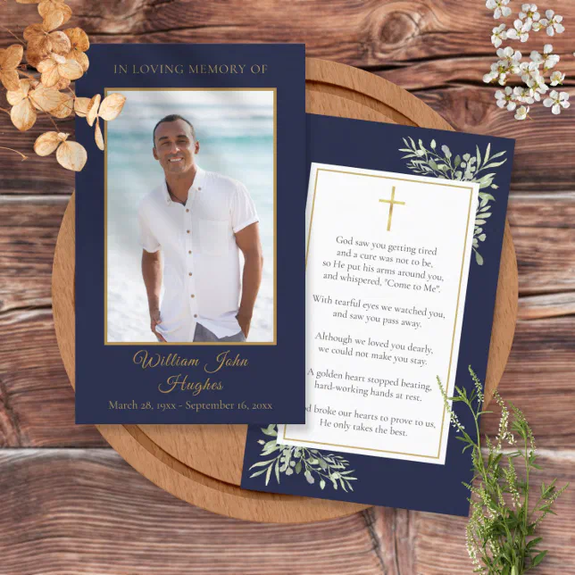 Navy Blue Gold Funeral Memorial Photo Prayer Cards | Zazzle
