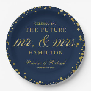 Navy Blue Gold Future Mr and Mrs Engagement Party Paper Plates