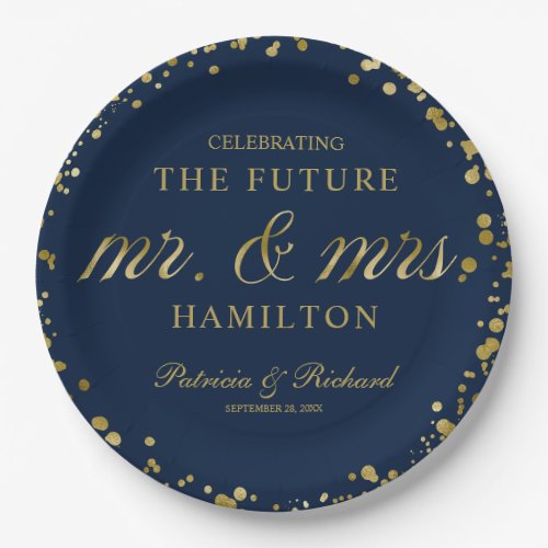 Navy Blue Gold Future Mr and Mrs Engagement Party Paper Plates