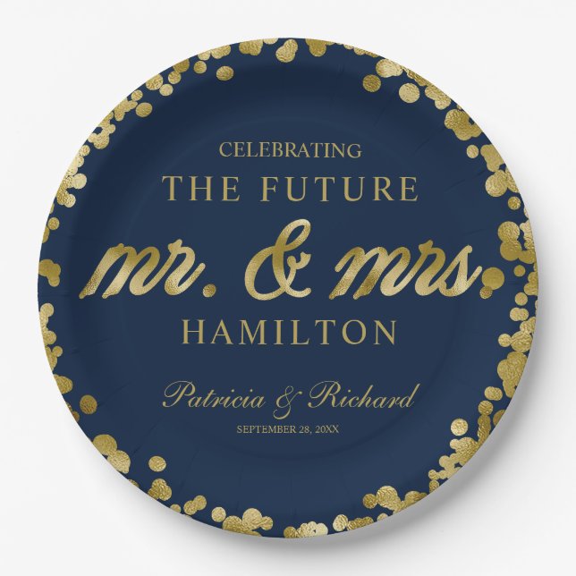 Navy Blue Gold Future Mr and Mrs Engagement Party Paper Plates (Front)
