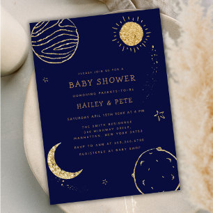 Navy Blue Gold Galaxy Moon Star Boy Baby Shower Invitation