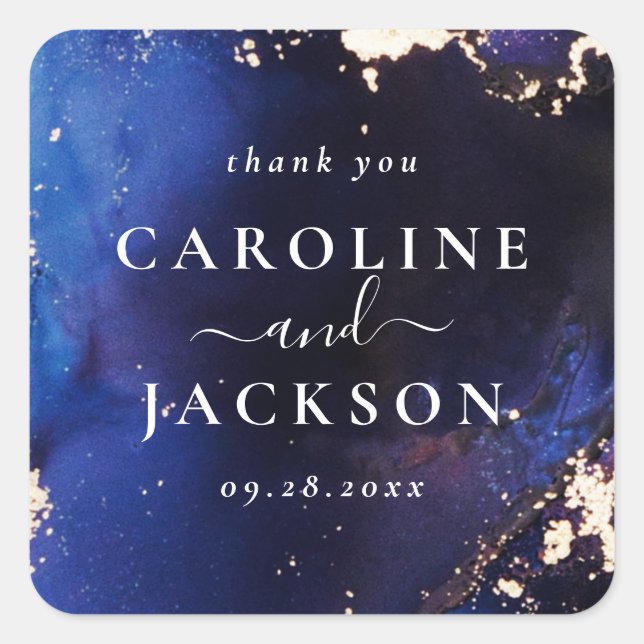 Navy Blue Gold Galaxy Wedding Favor Square Sticker (Front)