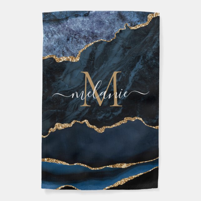 Navy Blue Gold Garden Flag Custom Name and Letter (Front)