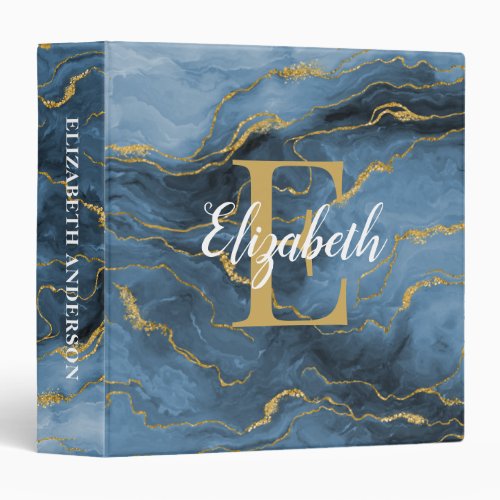 Navy Blue Gold Geode Agate Monogram SchoolBinder 3 Ring Binder