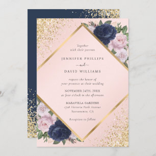 Navy Blue Gold Geometric Blush Pink Floral Wedding Invitation