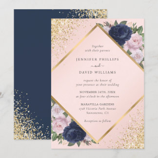 Navy Blue Gold Geometric Blush Pink Floral Wedding Invitation