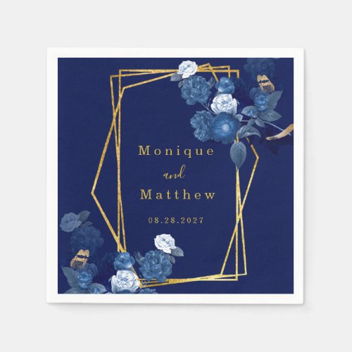 Navy Blue  Gold Geometric Floral Wedding Napkins