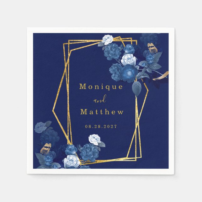 Navy Blue & Gold Geometric Floral Wedding Napkins (Front)