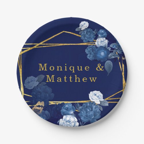 Navy Blue  Gold Geometric Floral Wedding Paper Plates