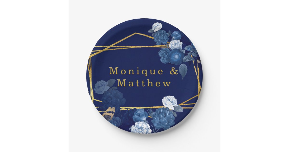 Navy Blue & Gold Geometric Floral Wedding Paper Plates | Zazzle