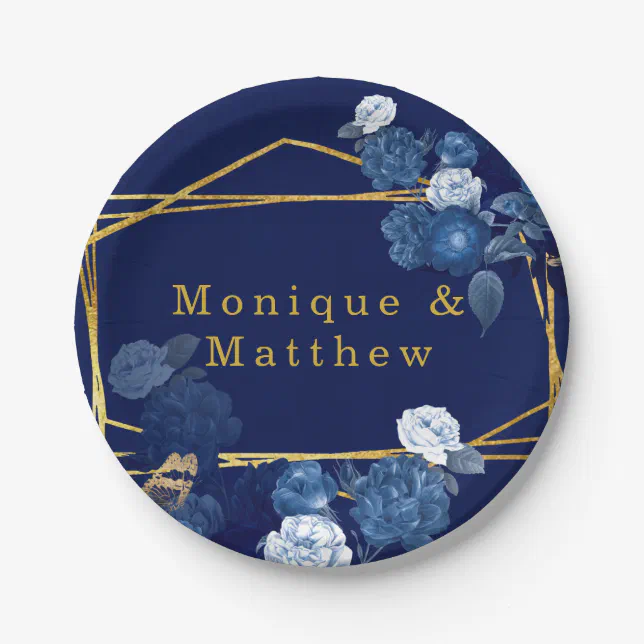 Navy Blue & Gold Geometric Floral Wedding Paper Plates | Zazzle