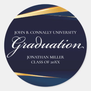 Navy Blue Gold Geometric Formal Graduation Party Classic Round Sticker