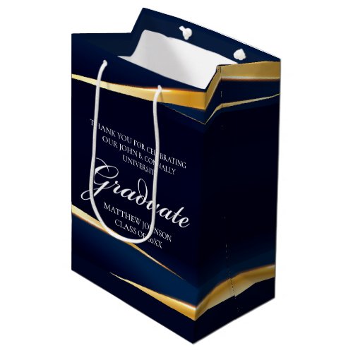 Navy Blue Gold Geometric Formal Graduation Party Medium Gift Bag