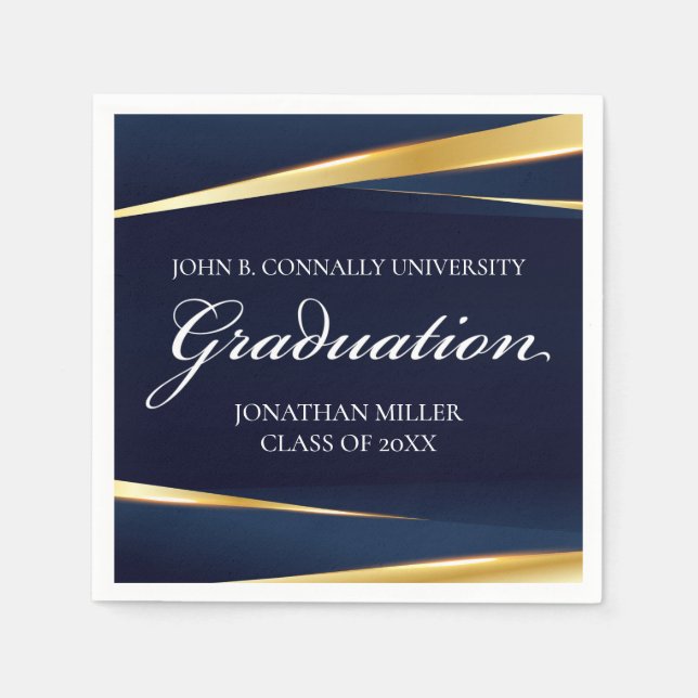 Navy Blue Gold Geometric Formal Graduation Party Napkins (Front)