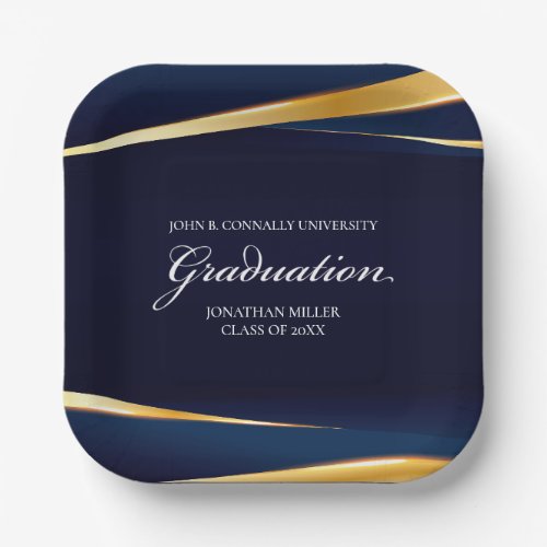 Navy Blue Gold Geometric Formal Graduation Party Paper Plates