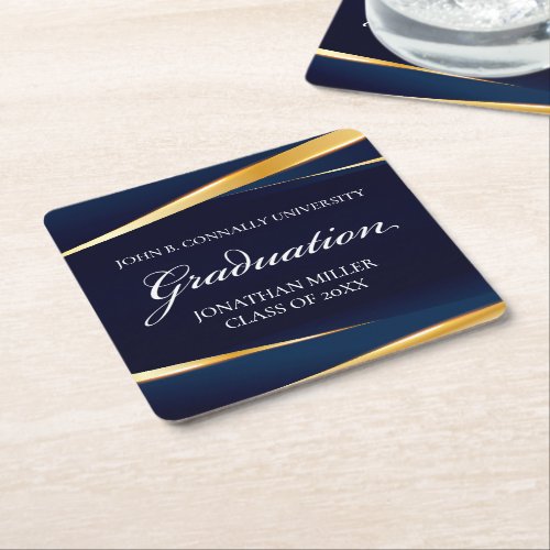Navy Blue Gold Geometric Formal Graduation Party Square Paper Coaster