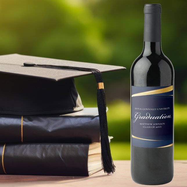 Navy Blue Gold Geometric Formal Graduation Party Wine Label (Creator Uploaded)