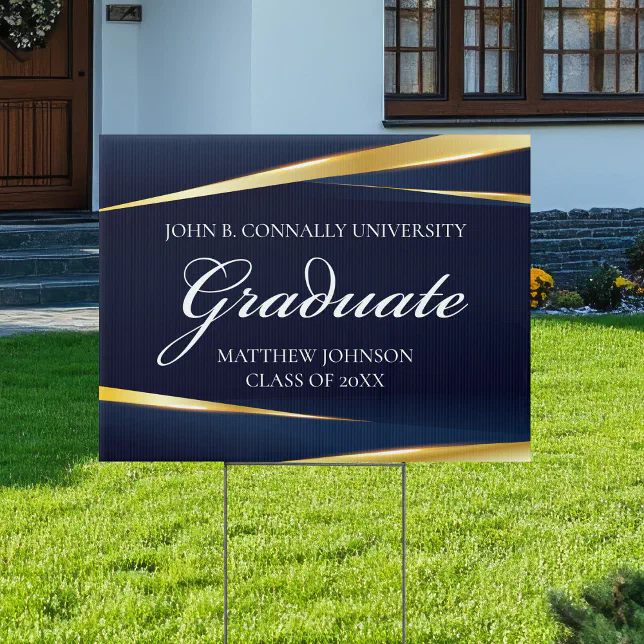 Navy Blue Gold Geometric Formal Graduation Yard Sign | Zazzle
